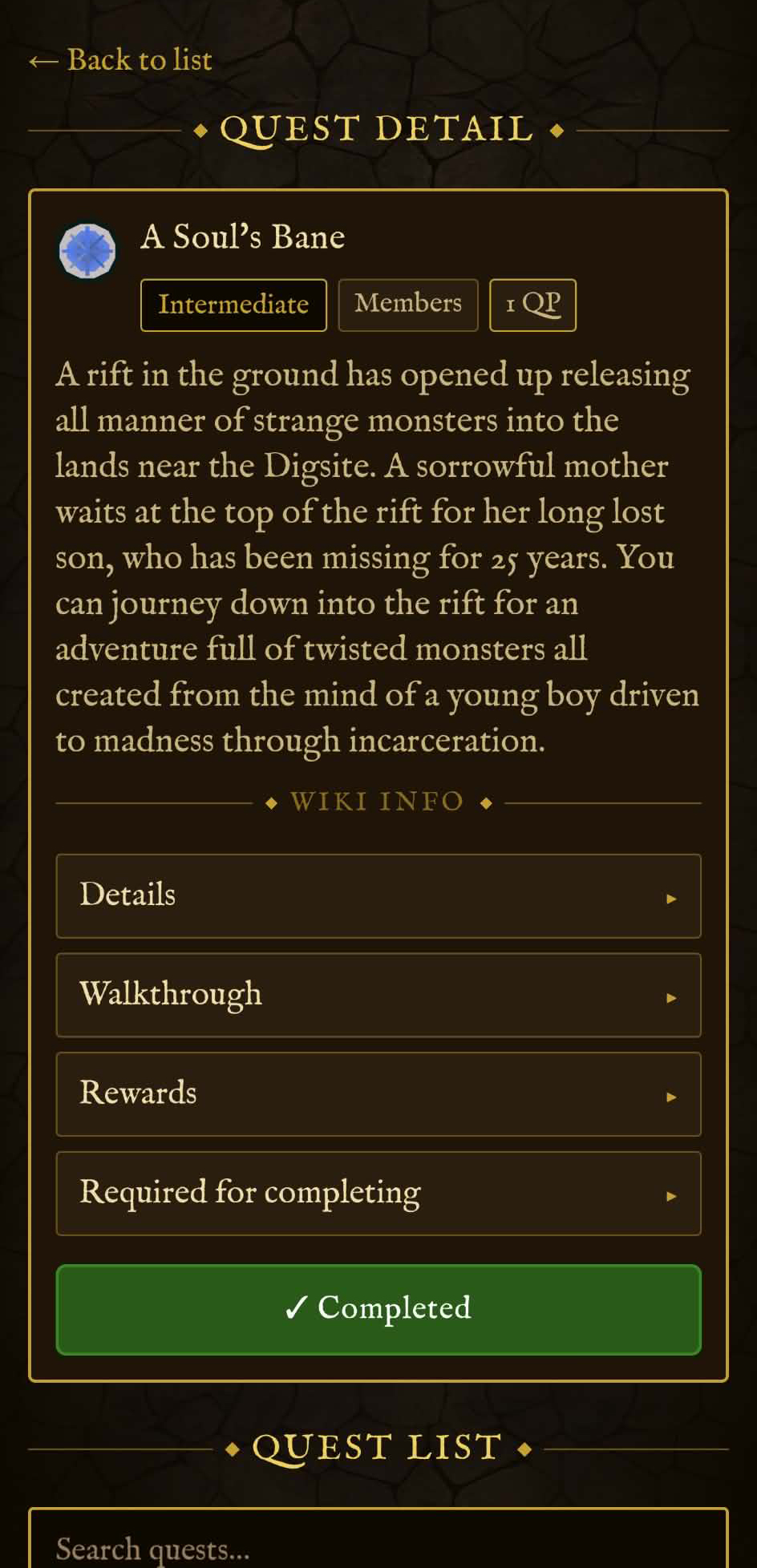 Quest milestone dashboard